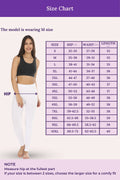 Size chart for clothing with a model wearing M size, showing hip, waist, and length measurements