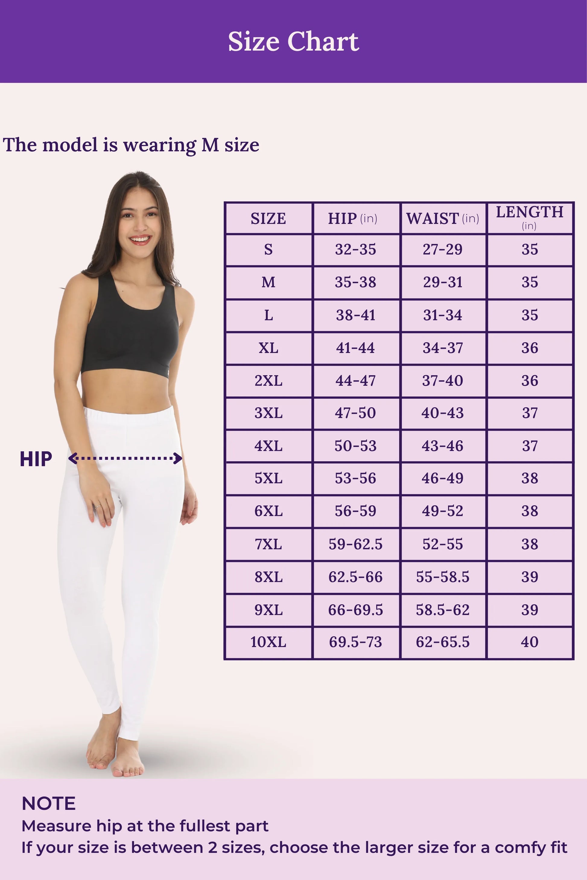 Size chart for clothing with a model wearing M size, showing hip, waist, and length measurements