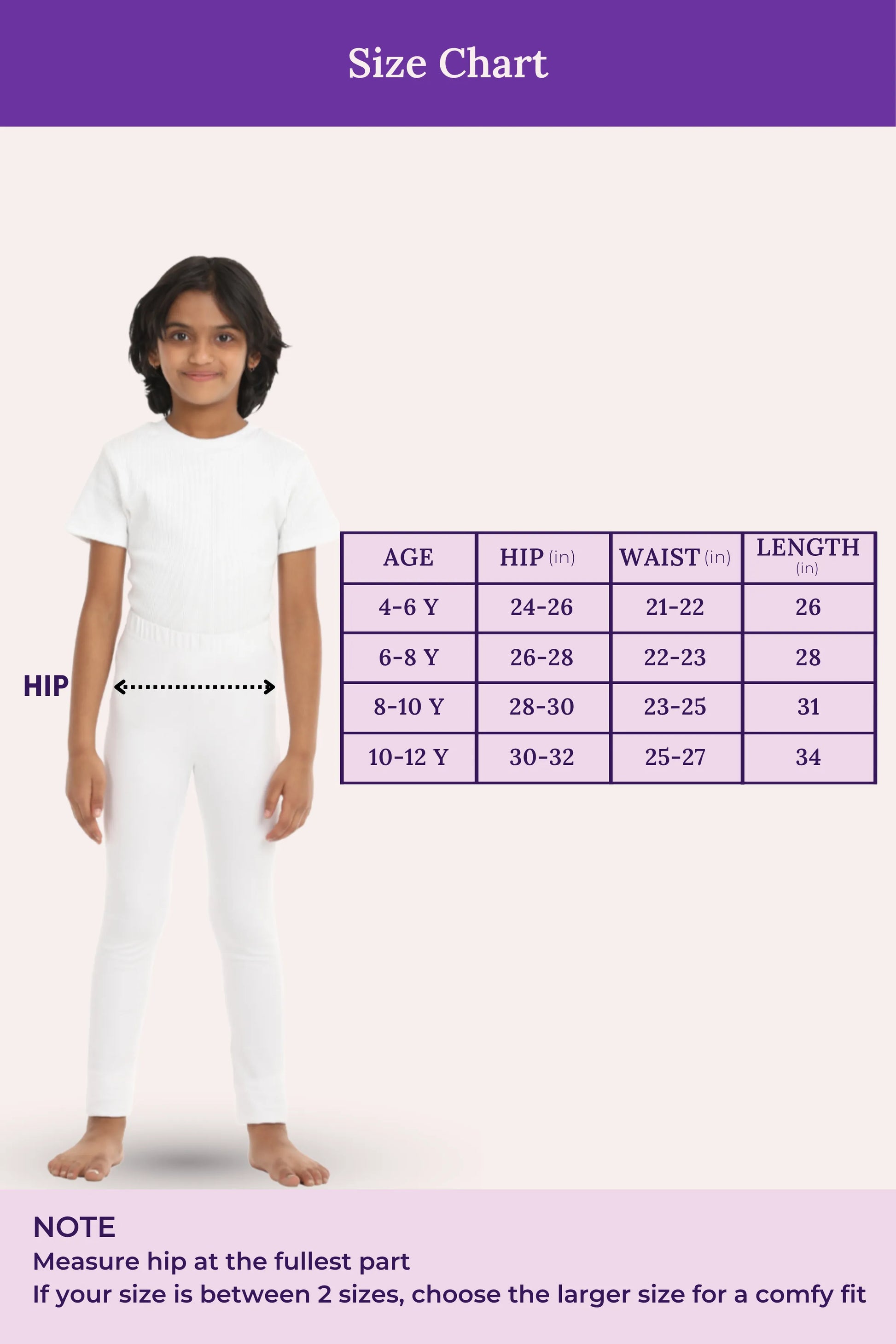 size chart for girls - color- white