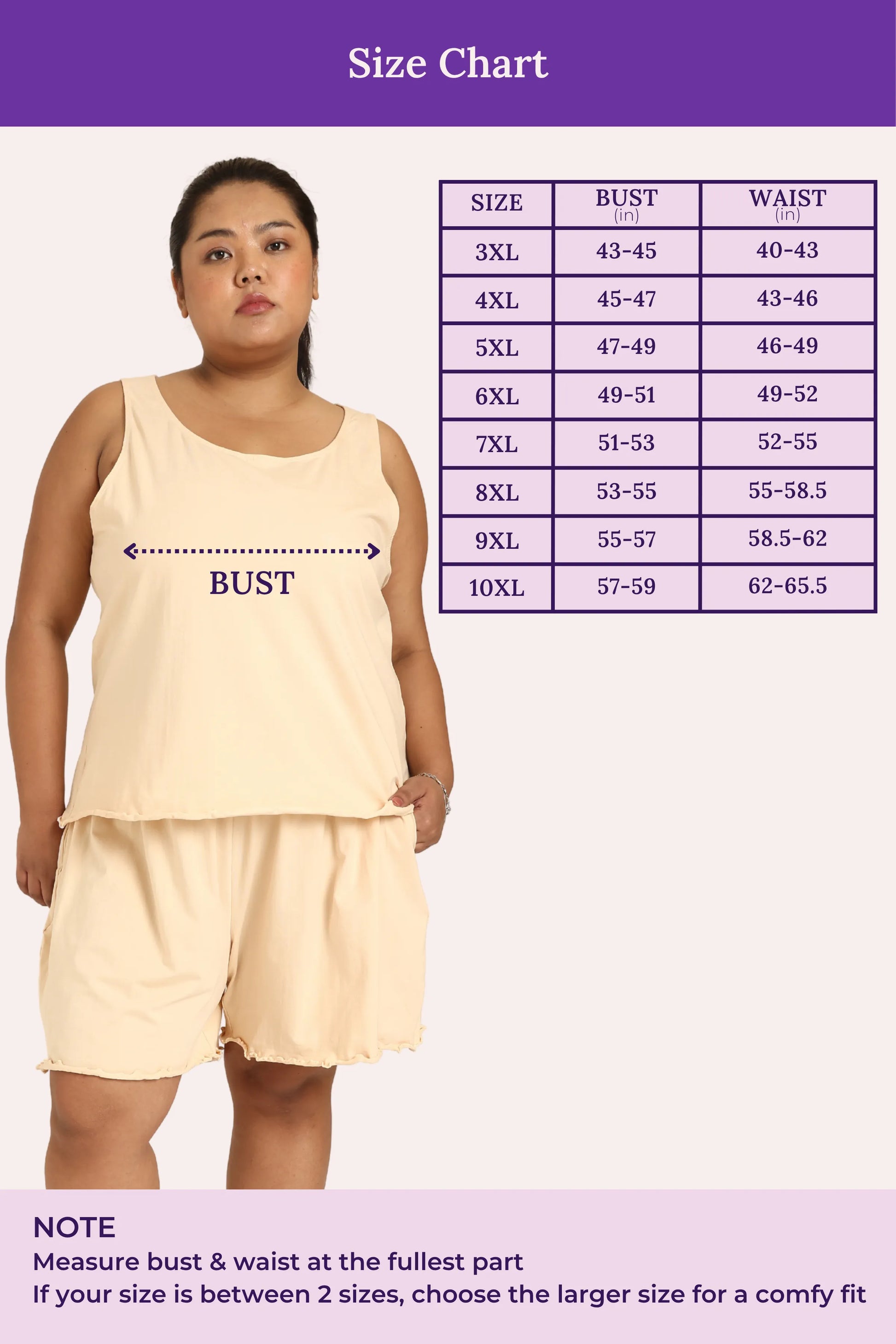 Size chart for women's clothing with a model wearing a cream tank top and shorts