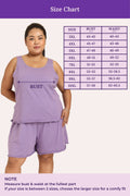 Curvy woman wearing a lavender outfit with a size chart on a purple background
