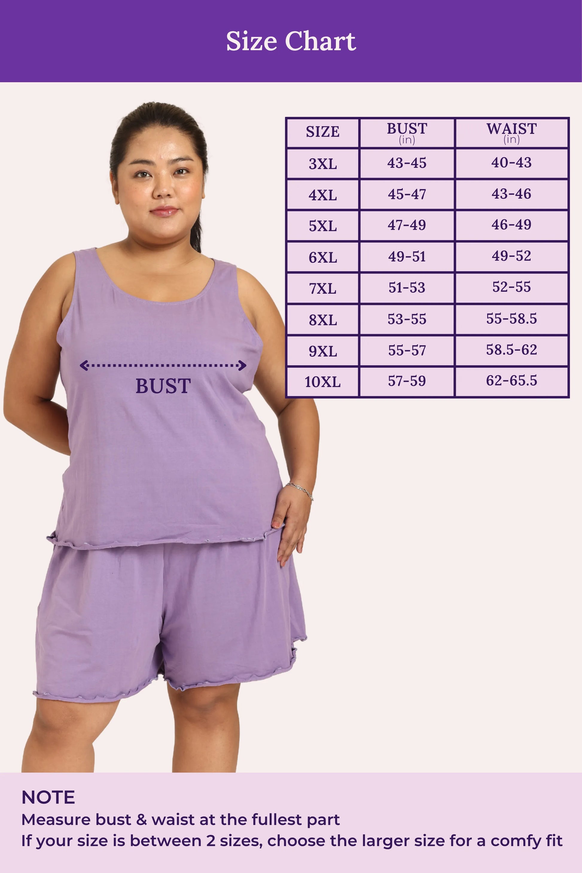 Curvy woman wearing a lavender outfit with a size chart on a purple background