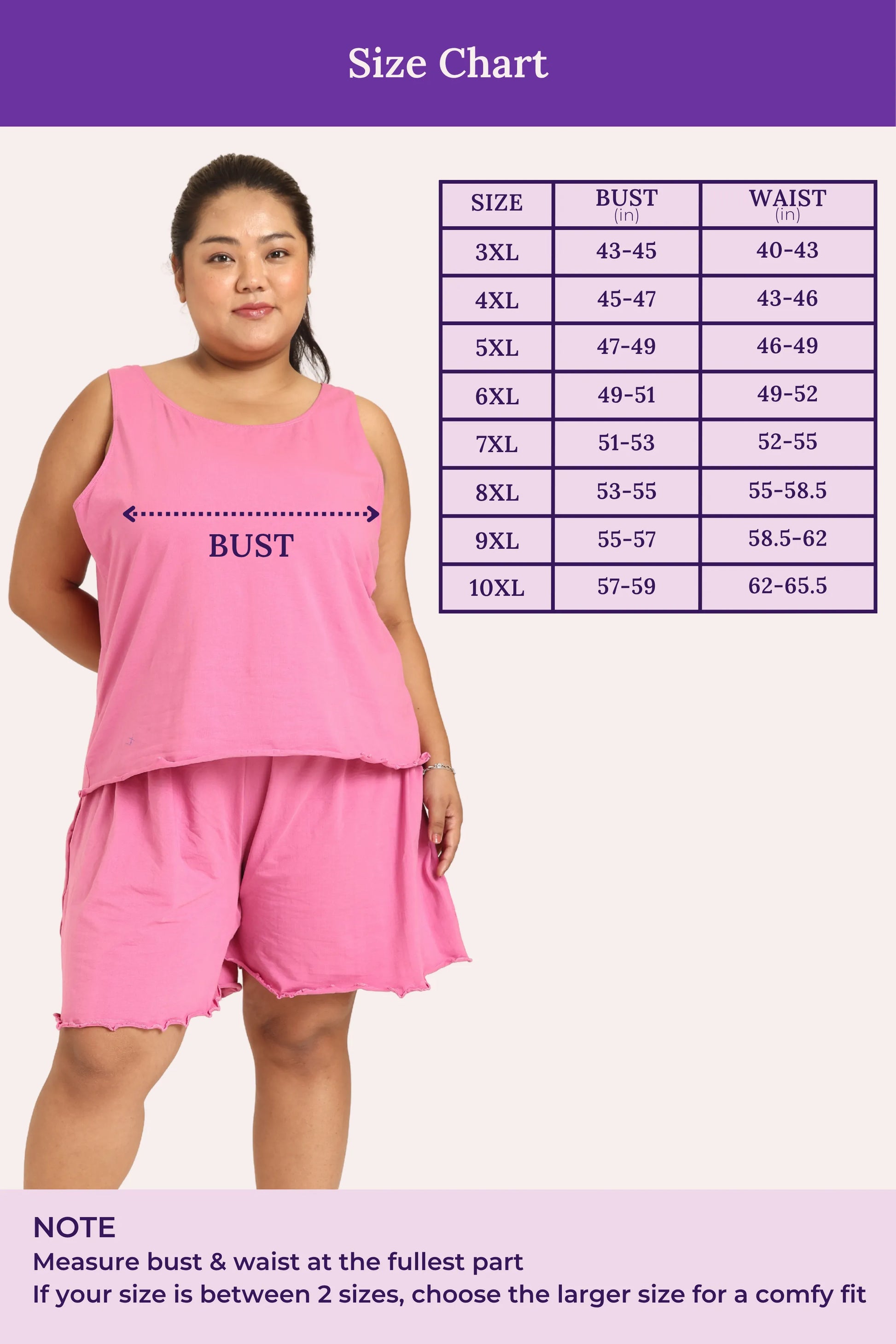 Size chart for a rose outfit with bust and waist measurements on a purple background