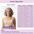 Front open bra size guide with a model wearing a beige underwire bra and a measurement chart showing chest and underbust measurements for sizes S through 10XL.