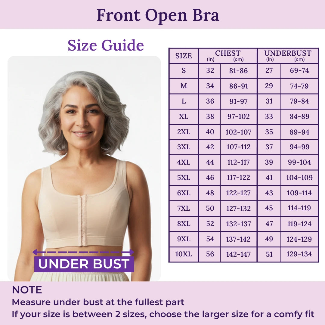 Front open bra size guide with a model wearing a beige underwire bra and a measurement chart showing chest and underbust measurements for sizes S through 10XL.