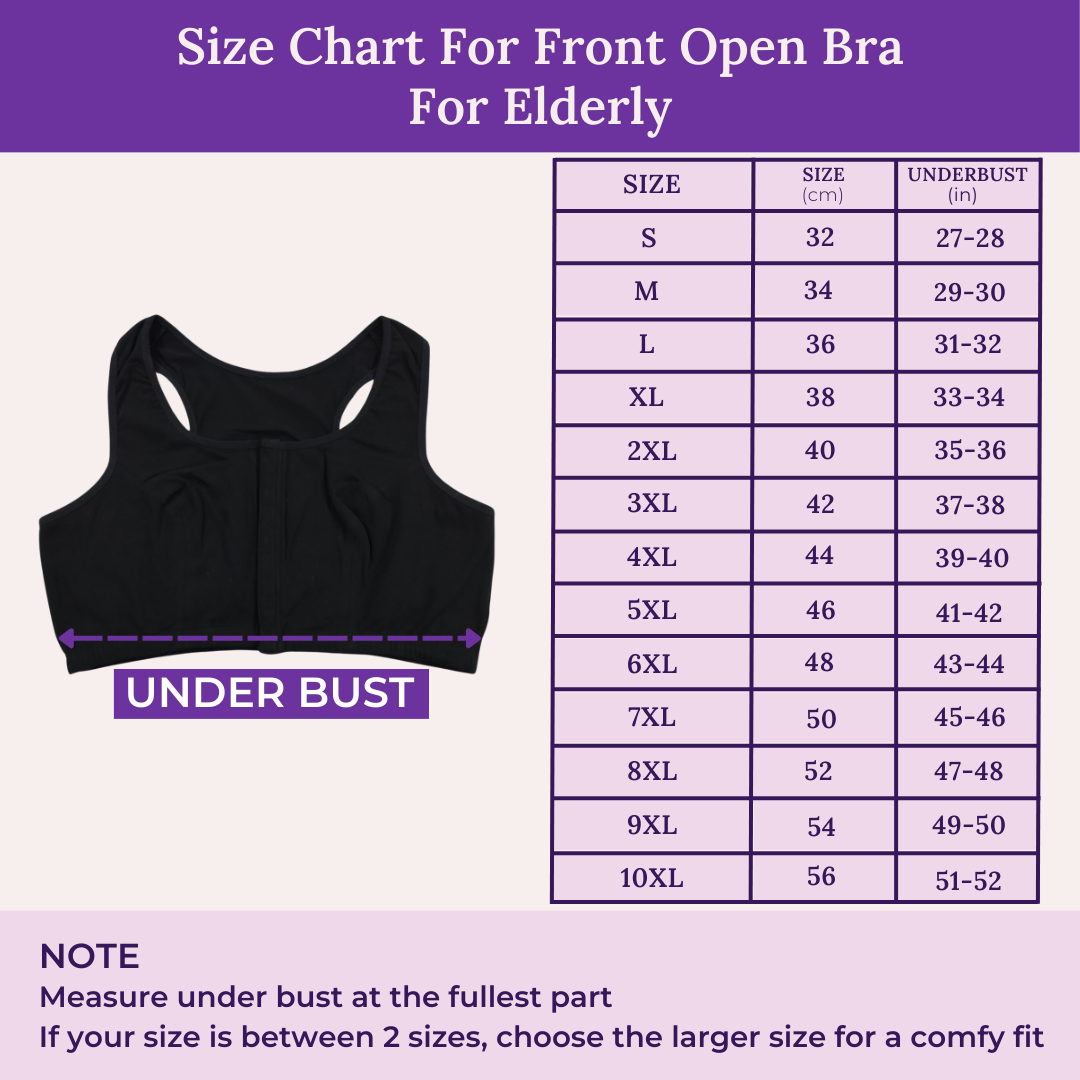 Size Chart For Front Open Bra  For Elderly