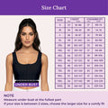 A size chart with a model wearing a black camisole on the left and a chest/underbust measurement table on the right, under a purple 'Size Chart' heading.