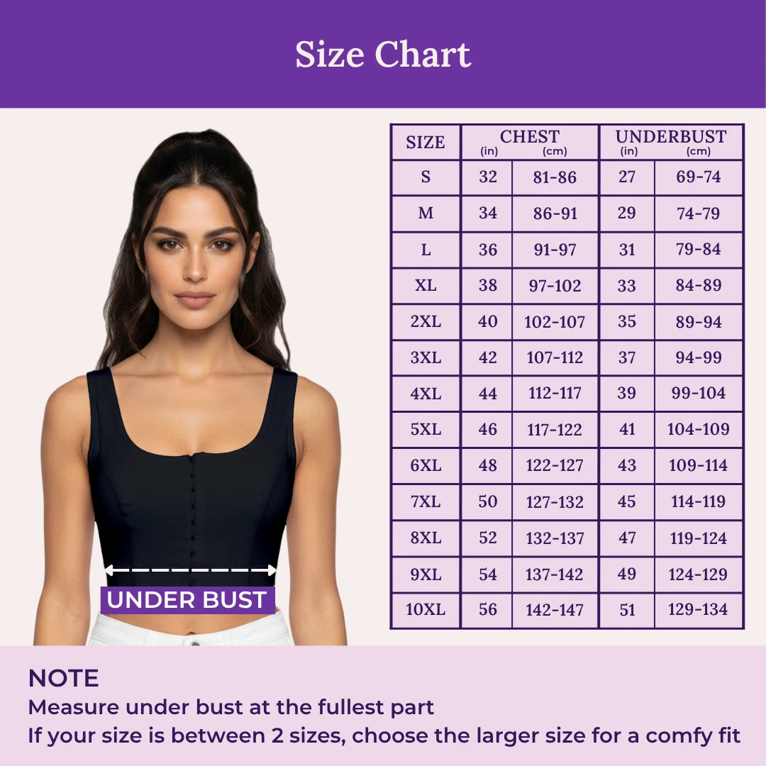 A size chart with a model wearing a black camisole on the left and a chest/underbust measurement table on the right, under a purple 'Size Chart' heading.