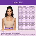 A size chart for a bra, featuring a model wearing a beige bra on the left and a detailed size table on the right with columns for size, chest, and underbust measurements. The image has a purple header and footer with the title 'Size Chart'.