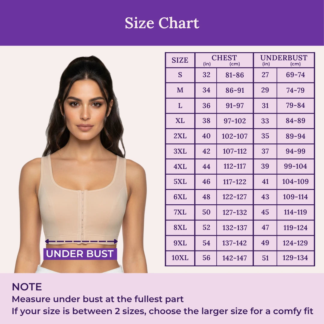 A size chart for a bra, featuring a model wearing a beige bra on the left and a detailed size table on the right with columns for size, chest, and underbust measurements. The image has a purple header and footer with the title 'Size Chart'.