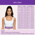 A size chart for a bra, featuring a model wearing a white bra on the left and a detailed size table on the right with columns for size, chest, and underbust measurements. The image has a purple header and footer with the title 'Size Chart'.