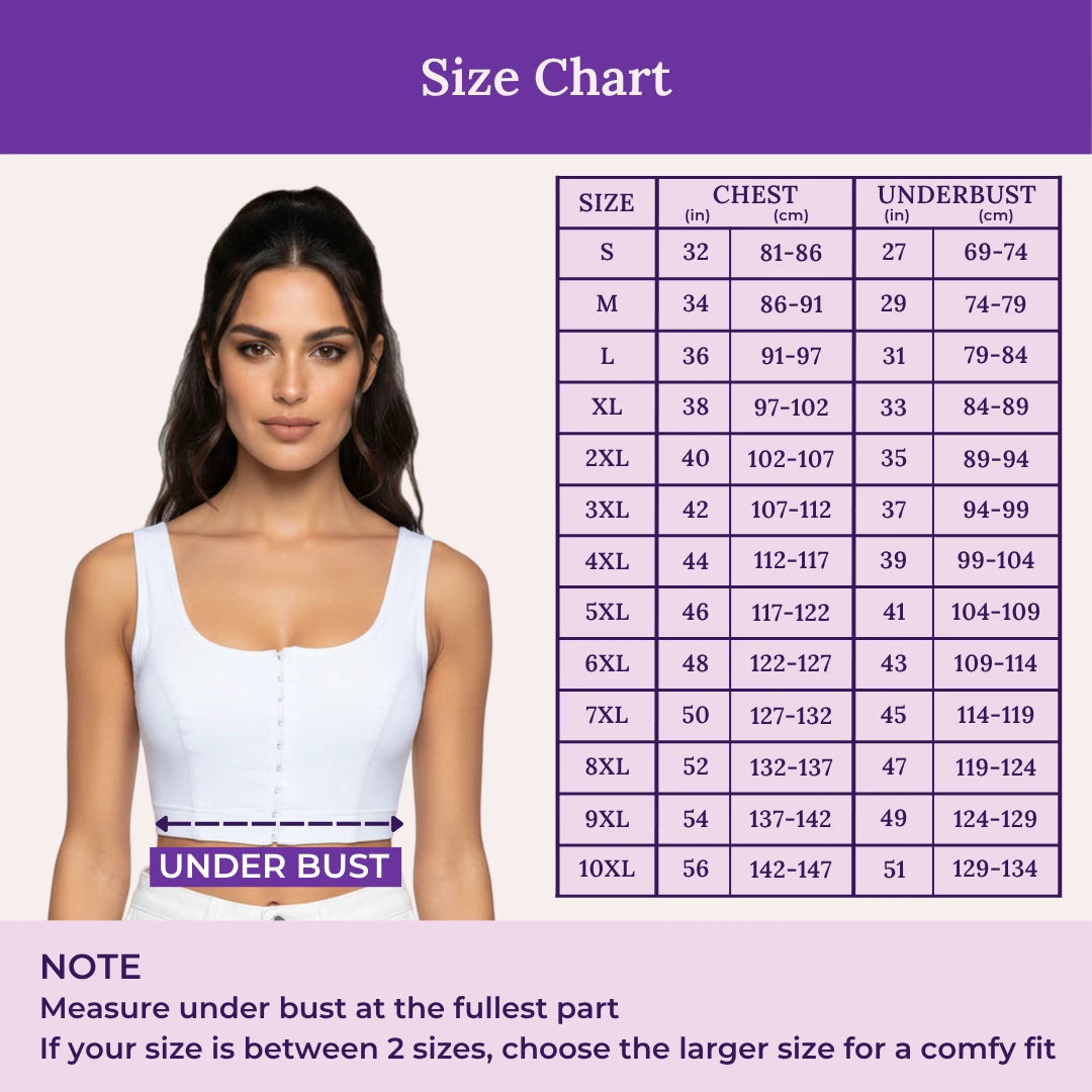 A size chart for a bra, featuring a model wearing a white bra on the left and a detailed size table on the right with columns for size, chest, and underbust measurements. The image has a purple header and footer with the title 'Size Chart'.
