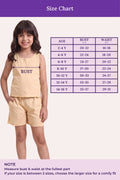 A size chart for a girl's sleeveless top and shorts set. On the left, a young girl models the light beige outfit with a dotted measurement line across the chest labeled BUST.