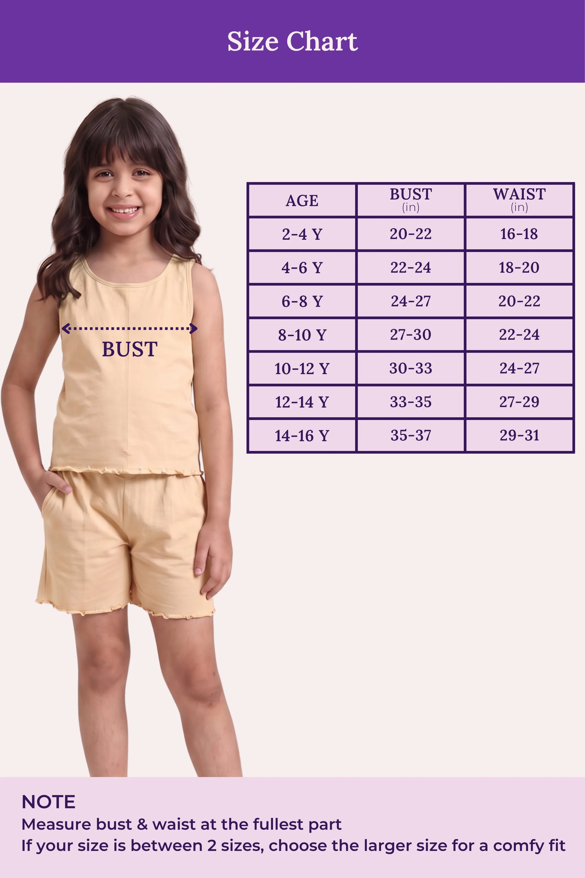 A size chart for a girl's sleeveless top and shorts set. On the left, a young girl models the light beige outfit with a dotted measurement line across the chest labeled BUST.