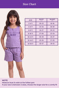 A size chart graphic for a girl's sleeveless top and shorts set in lavender. On the left, a young girl models the matching lavender outfit, with a measurement arrow labeled 'BUST' across her chest.