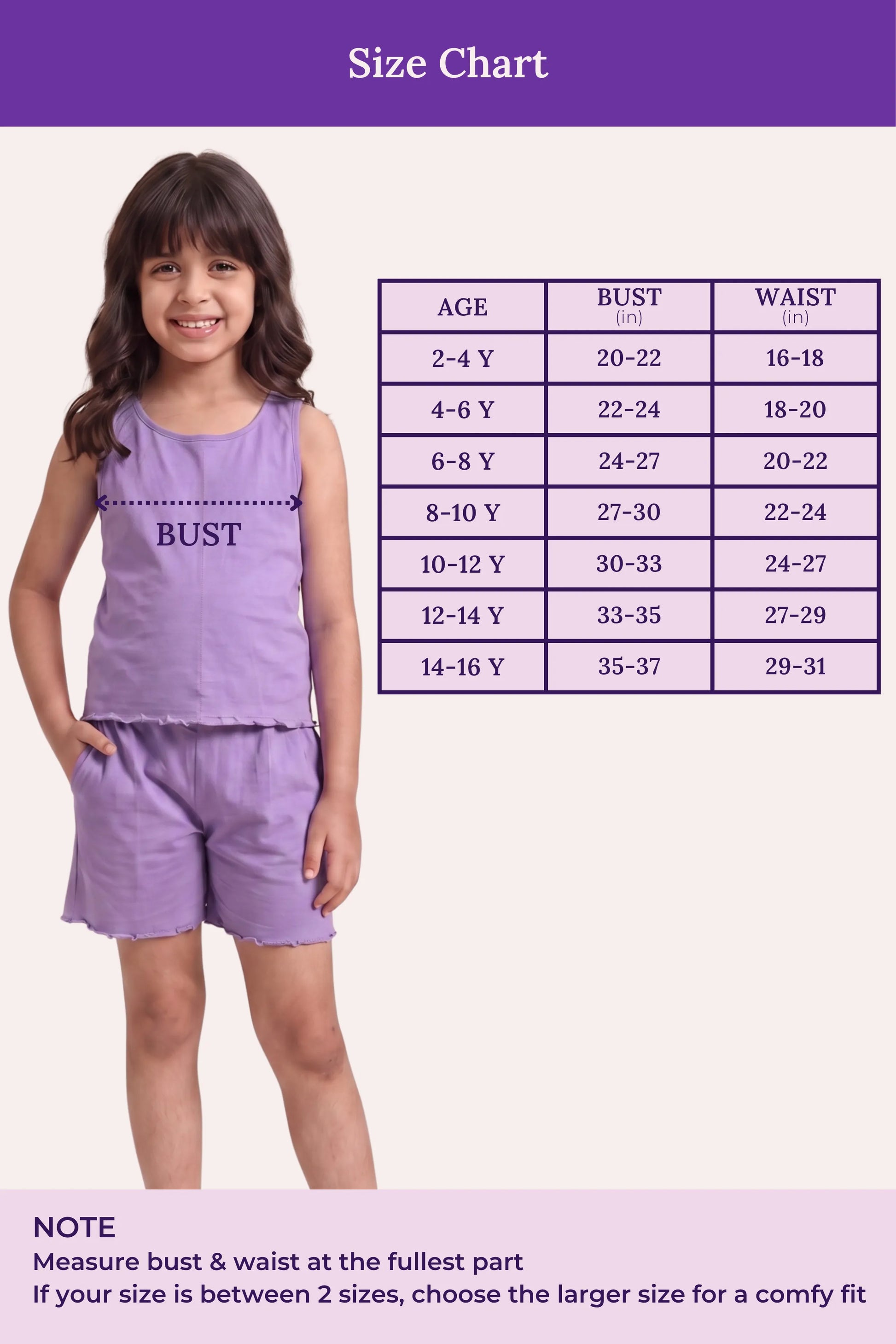 A size chart graphic for a girl's sleeveless top and shorts set in lavender. On the left, a young girl models the matching lavender outfit, with a measurement arrow labeled 'BUST' across her chest.