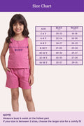 A size chart graphic for a girl's sleeveless top and shorts set in rose. On the left, a young girl models the matching rose outfit, with a measurement arrow labeled 'BUST' across her chest.