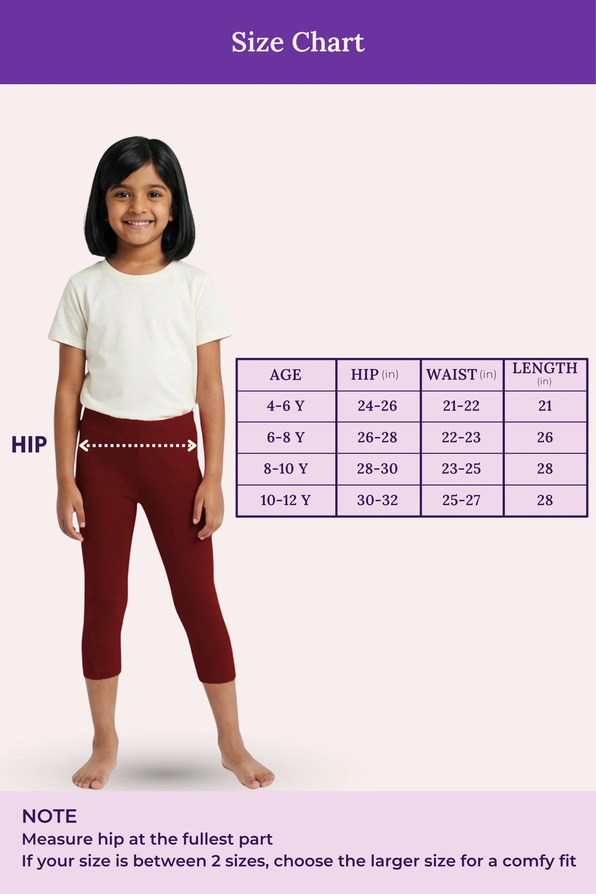 Size chart for girl cropped leggings with a model and measurement guide.