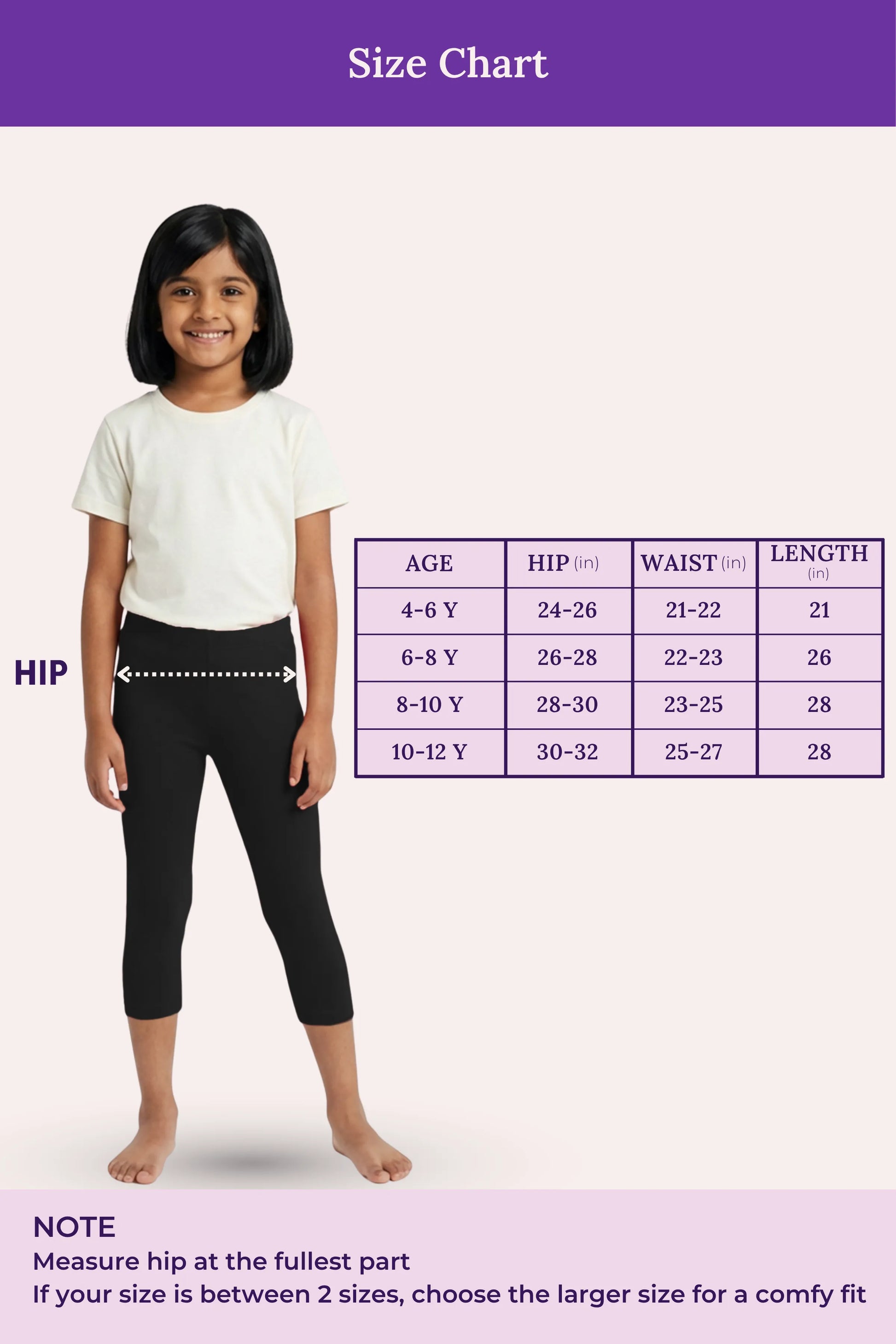 Size chart for children's cropped leggings