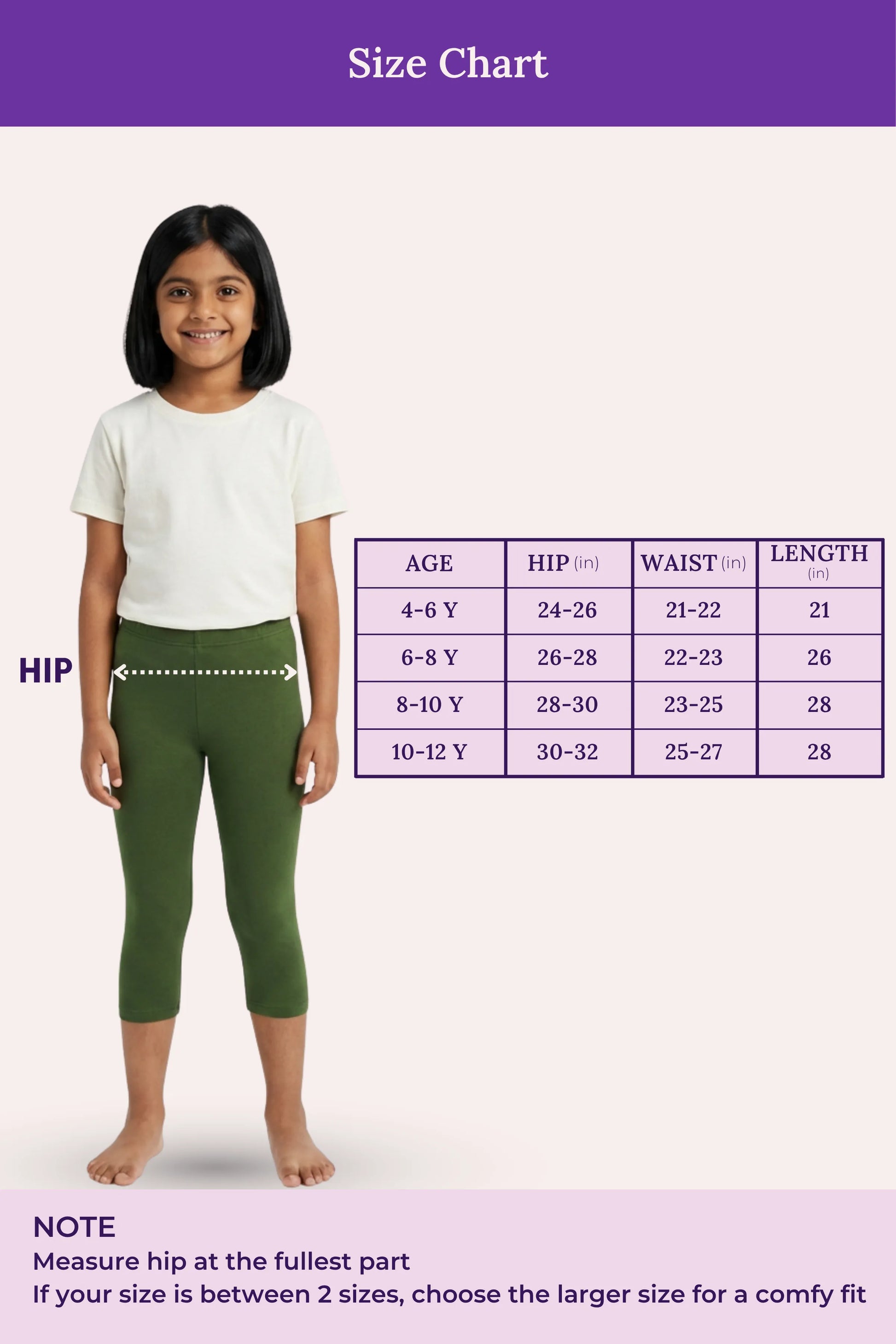 size chart cropped leggings  green color -for girls