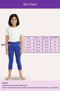 Size chart for children's leggings with a girl model and measurement guide.