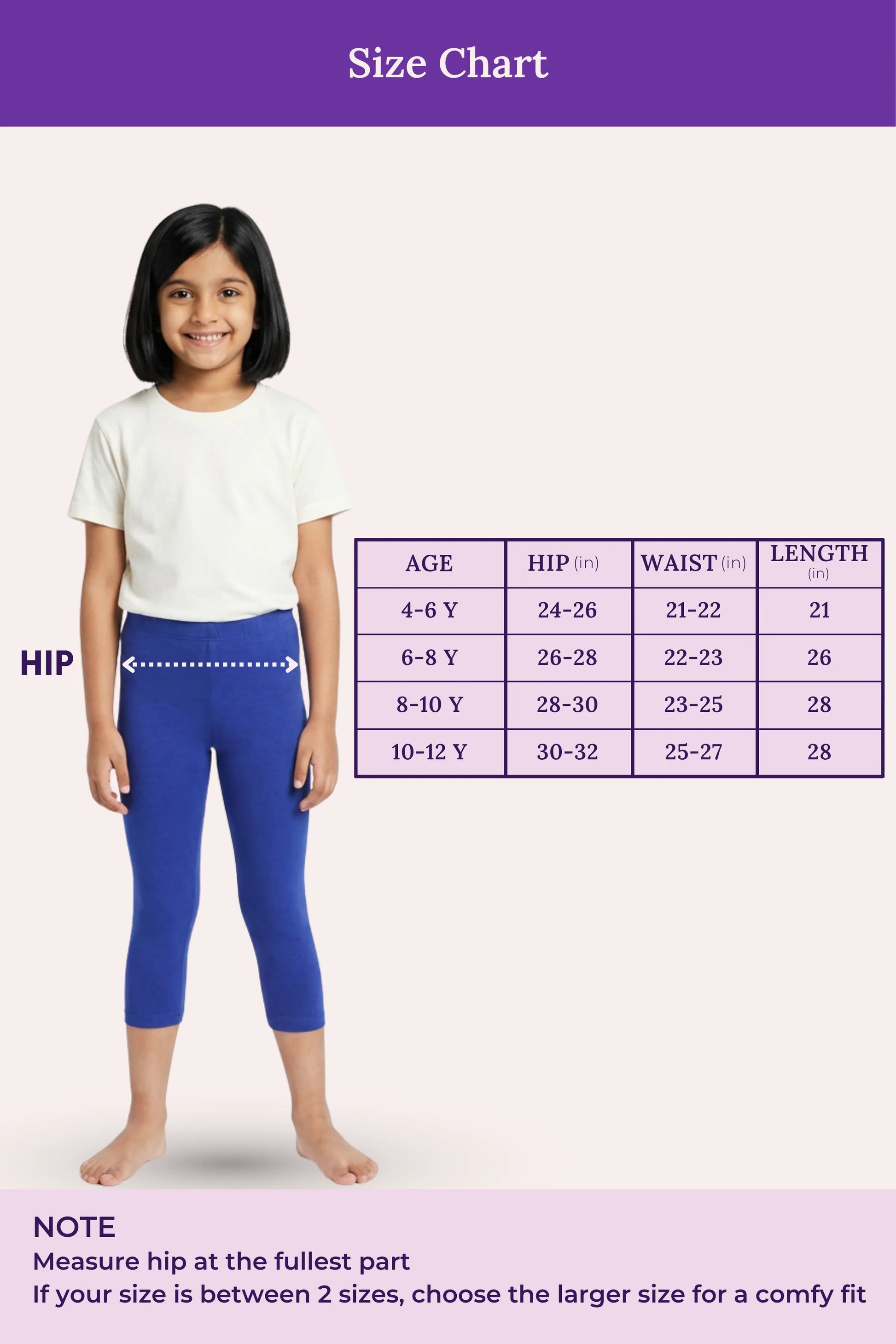 Size chart for children's leggings with a girl model and measurement guide.