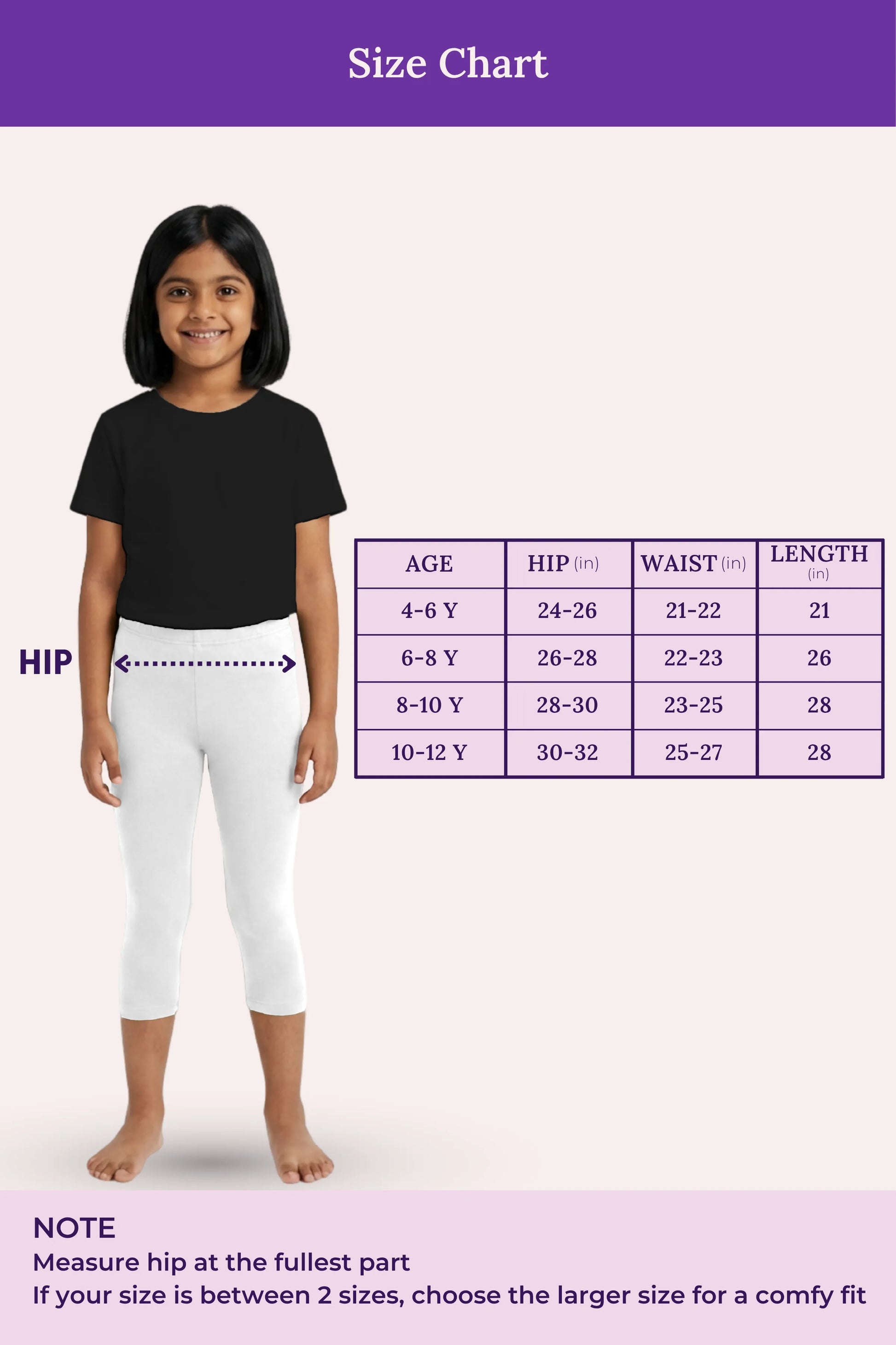 size chart for girls-white