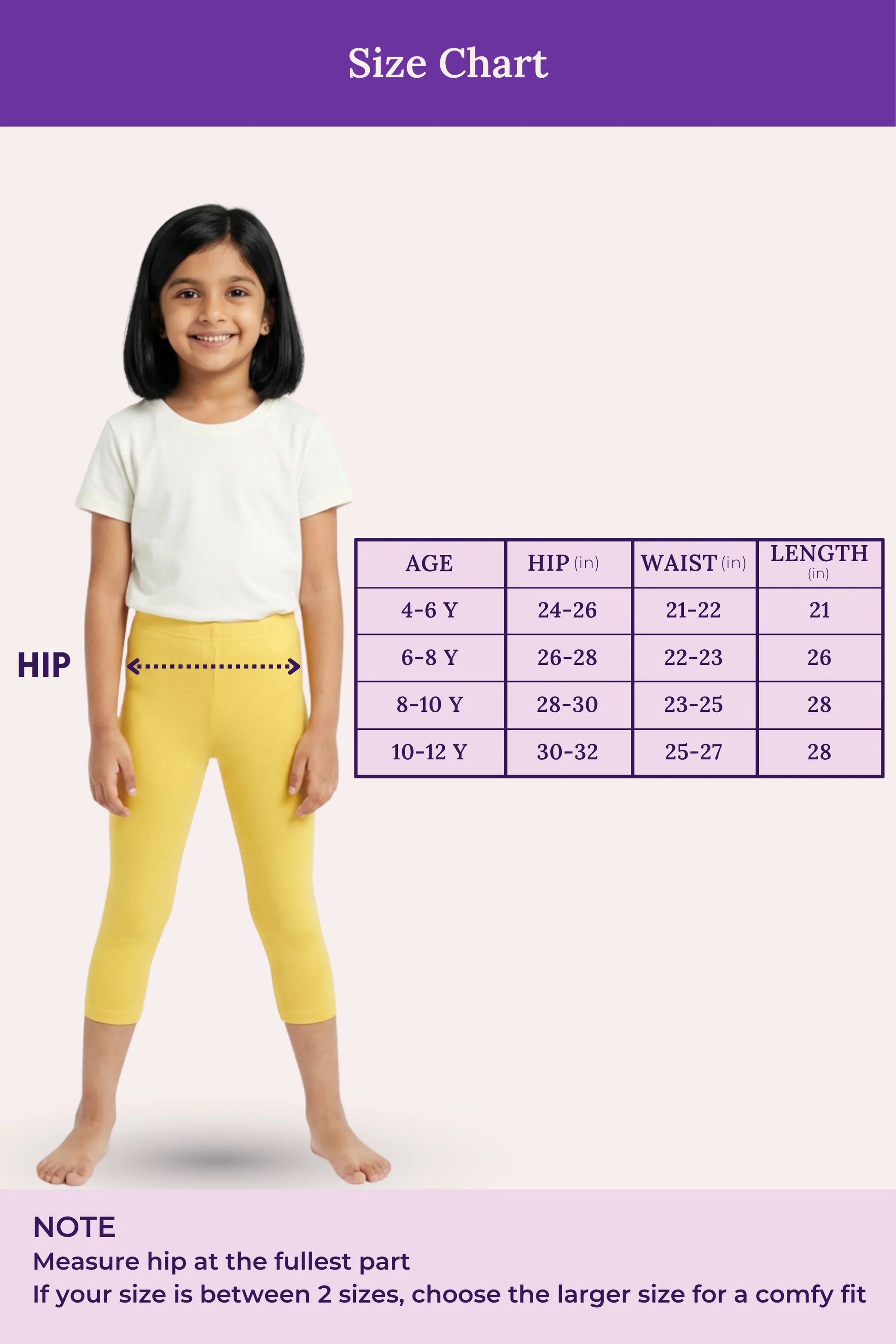 size chart for girls cropped leggings - yellow color