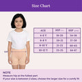 Size chart for girls shorts with a girl model and measurement guide.