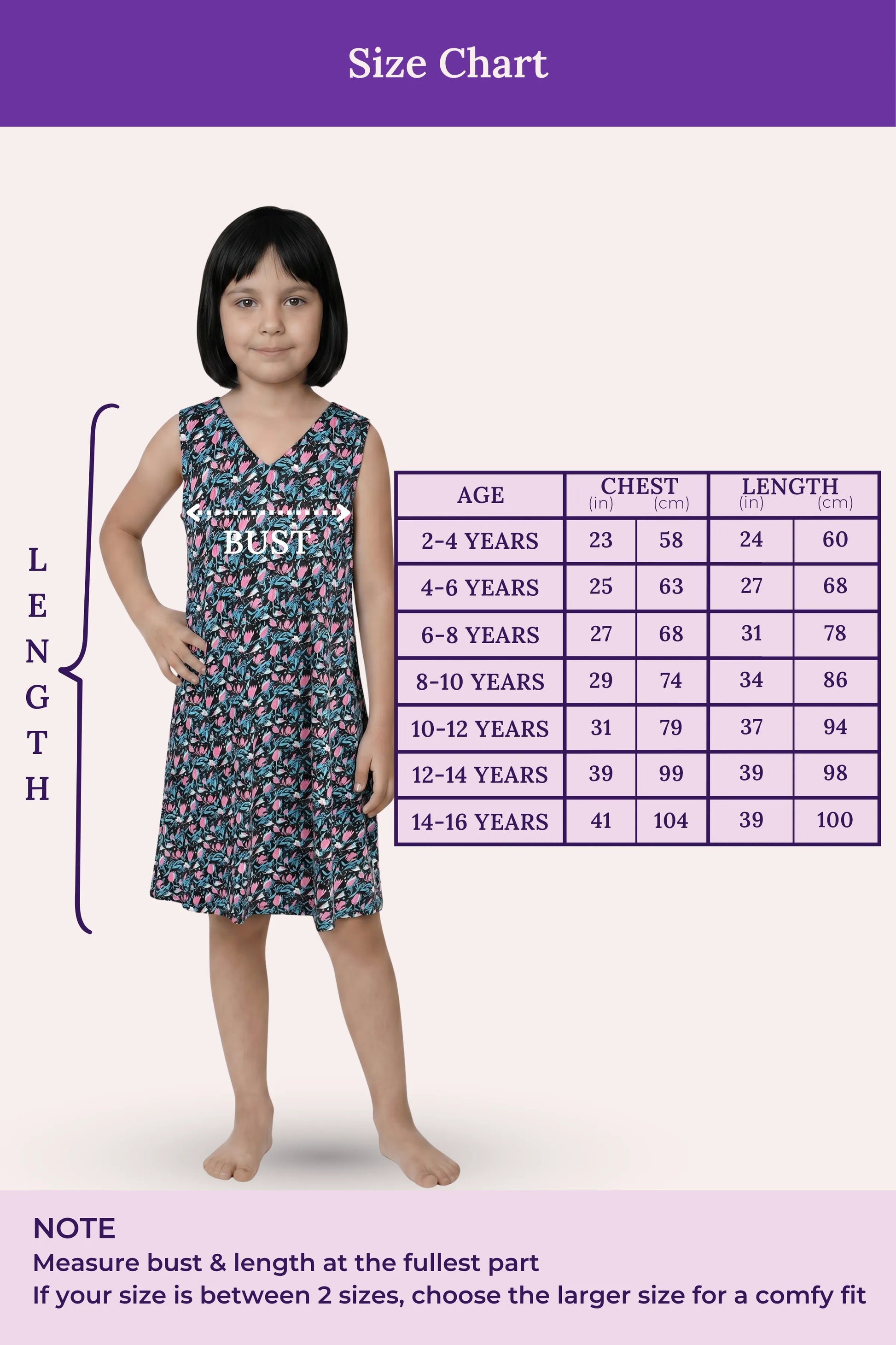 A size chart for a sleeveless girl's dress, showing a size measurements.