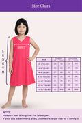 Size chart for a dark pink dress with a girl model and measurement guide.