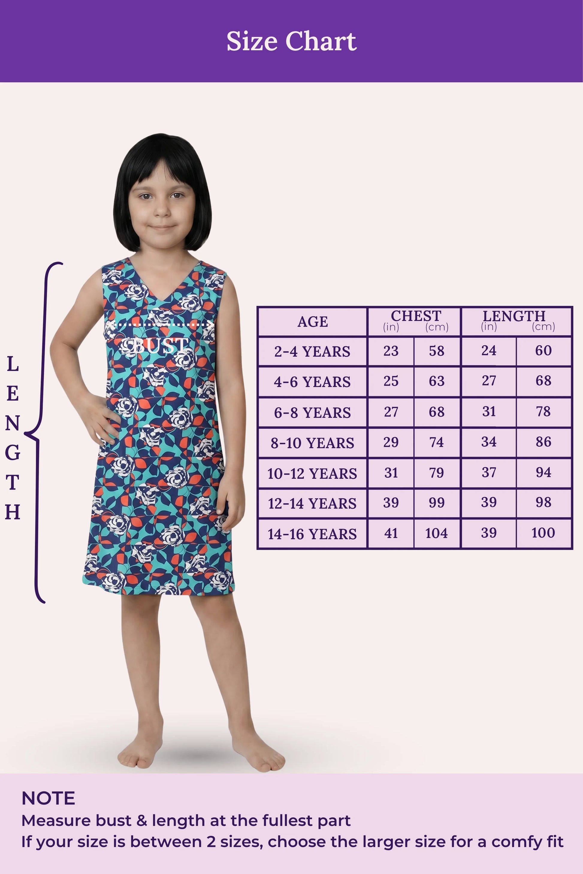 A size chart for a sleeveless girl's dress, showing a young girl modeling with size measurements.