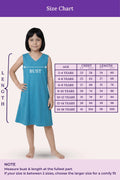 A size chart for a sleeveless peacock blue dress, showing a size measurements.