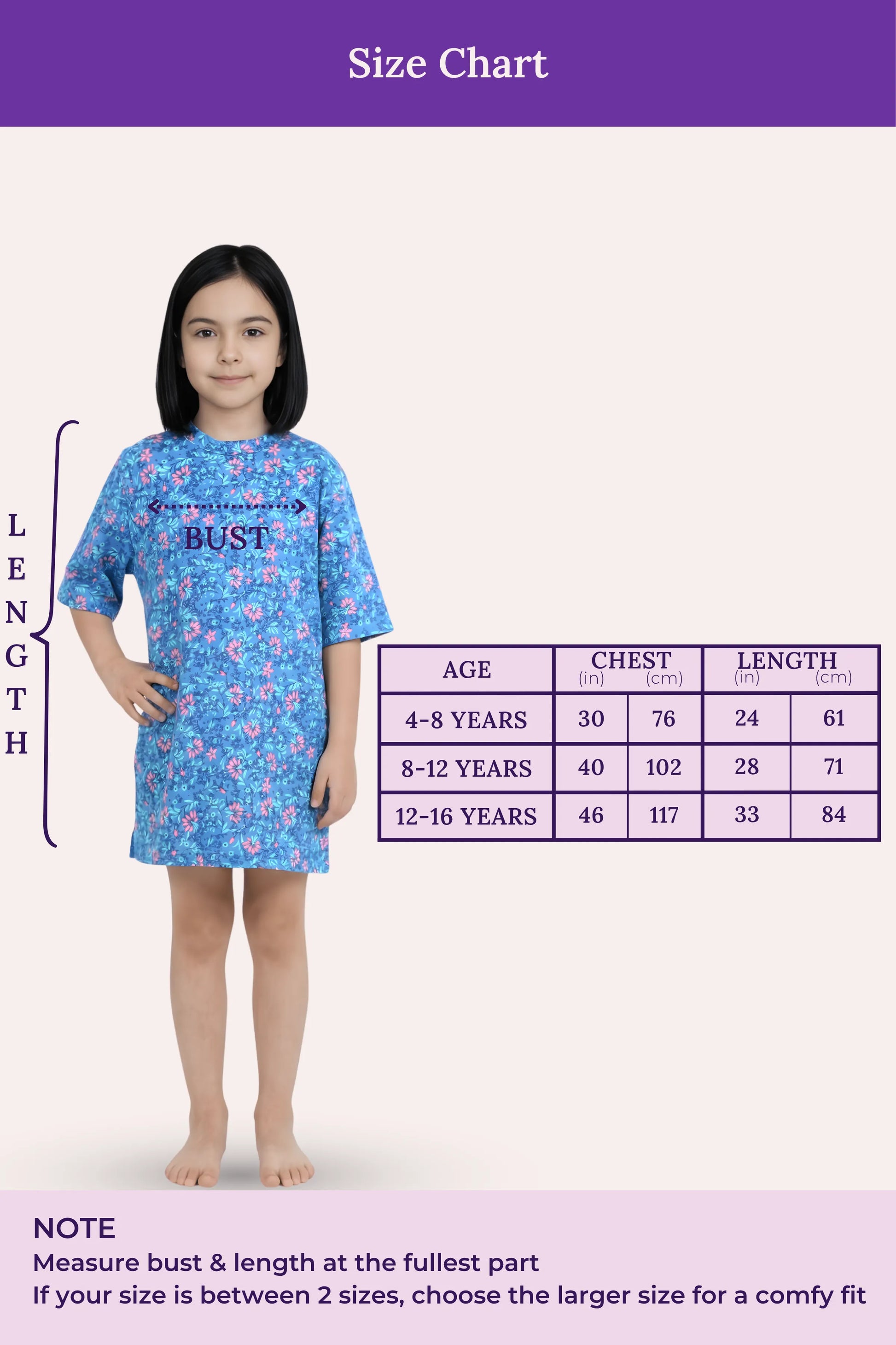 A size chart model wearing the dress on the left and a measurement table on the right.