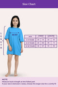 Size chart for a girl's blue nightgown with measurements and a model wearing the garment.