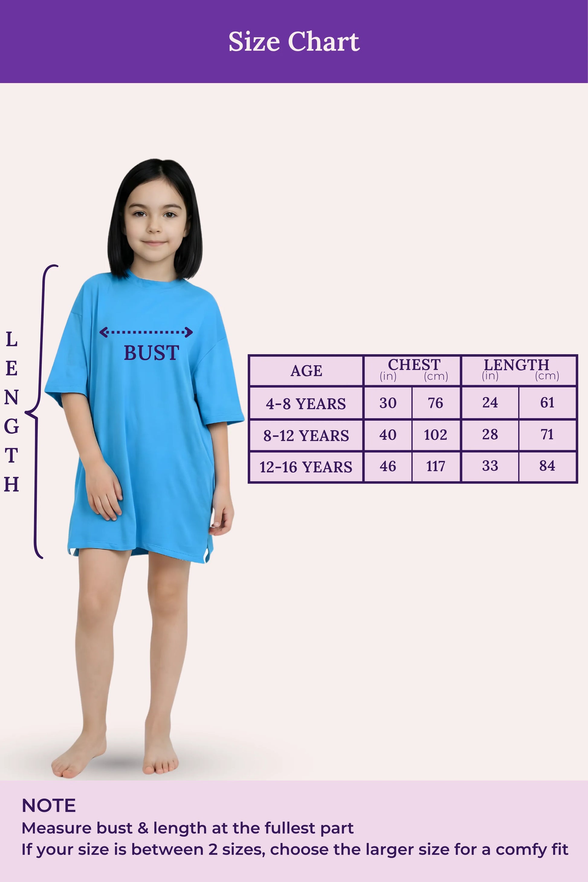 Size chart for a girl's blue nightgown with measurements and a model wearing the garment.