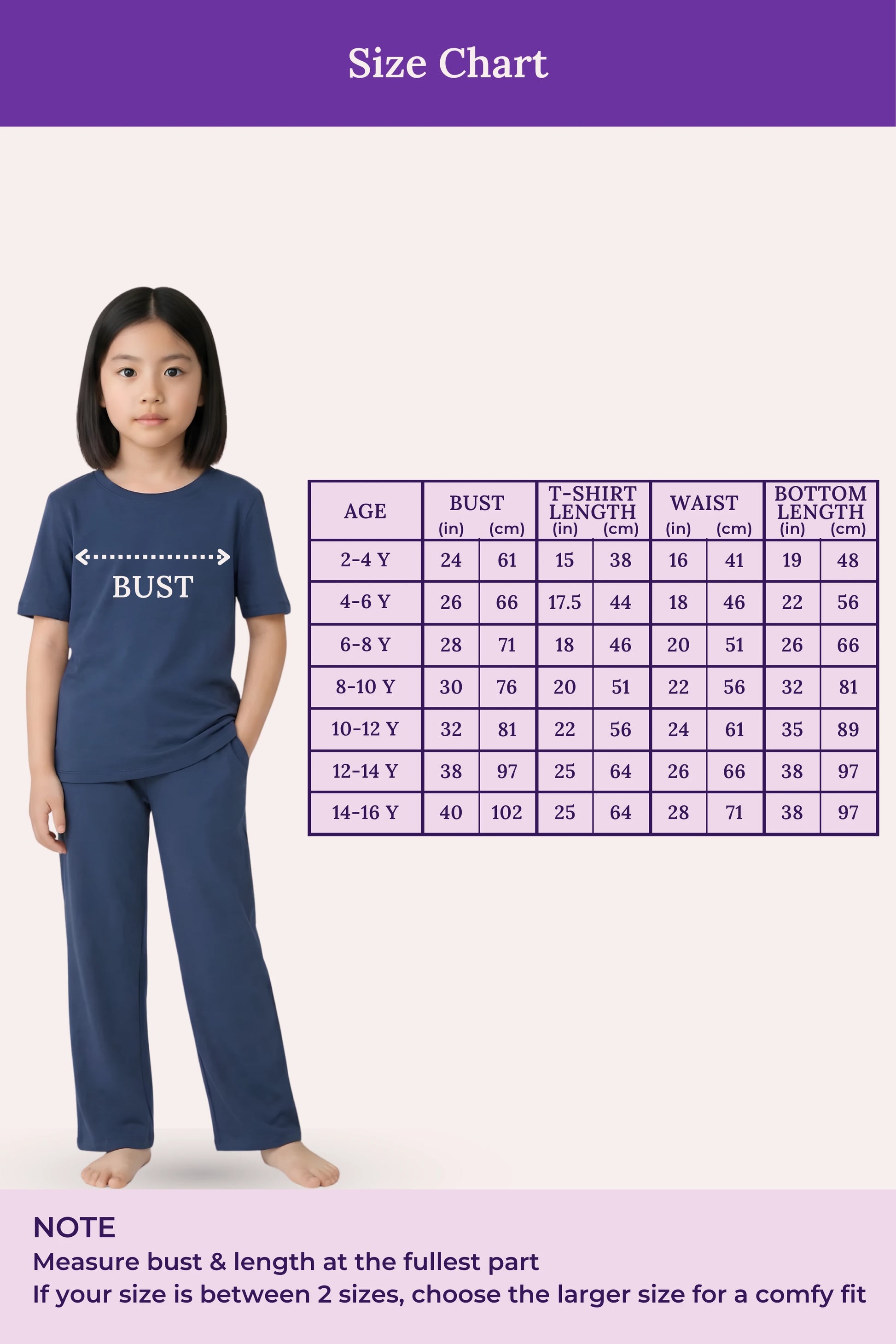 Girl wearing a airforce navy outfit with a size chart
