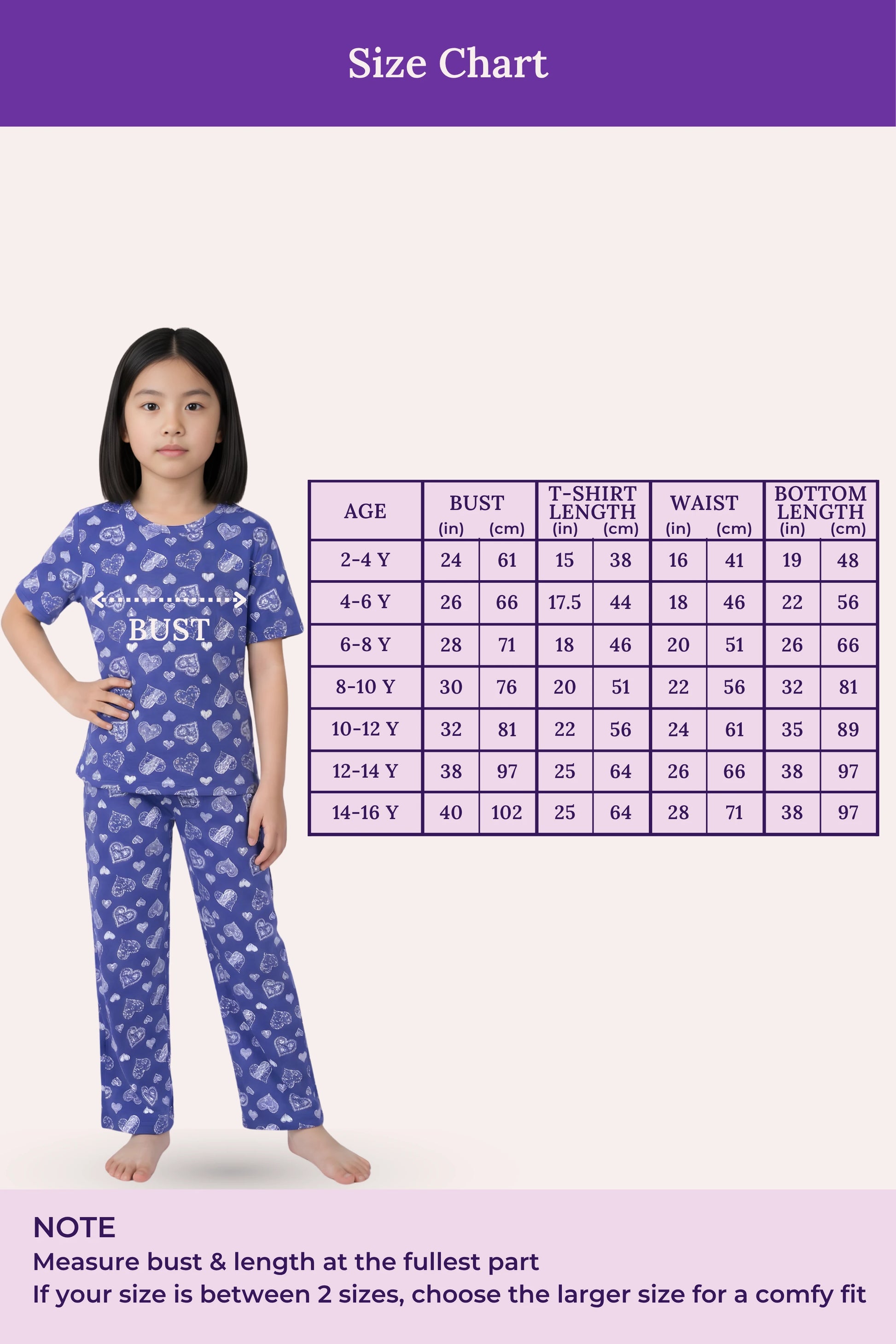Size chart for girls clothing with a model wearing a navy hearts outfit