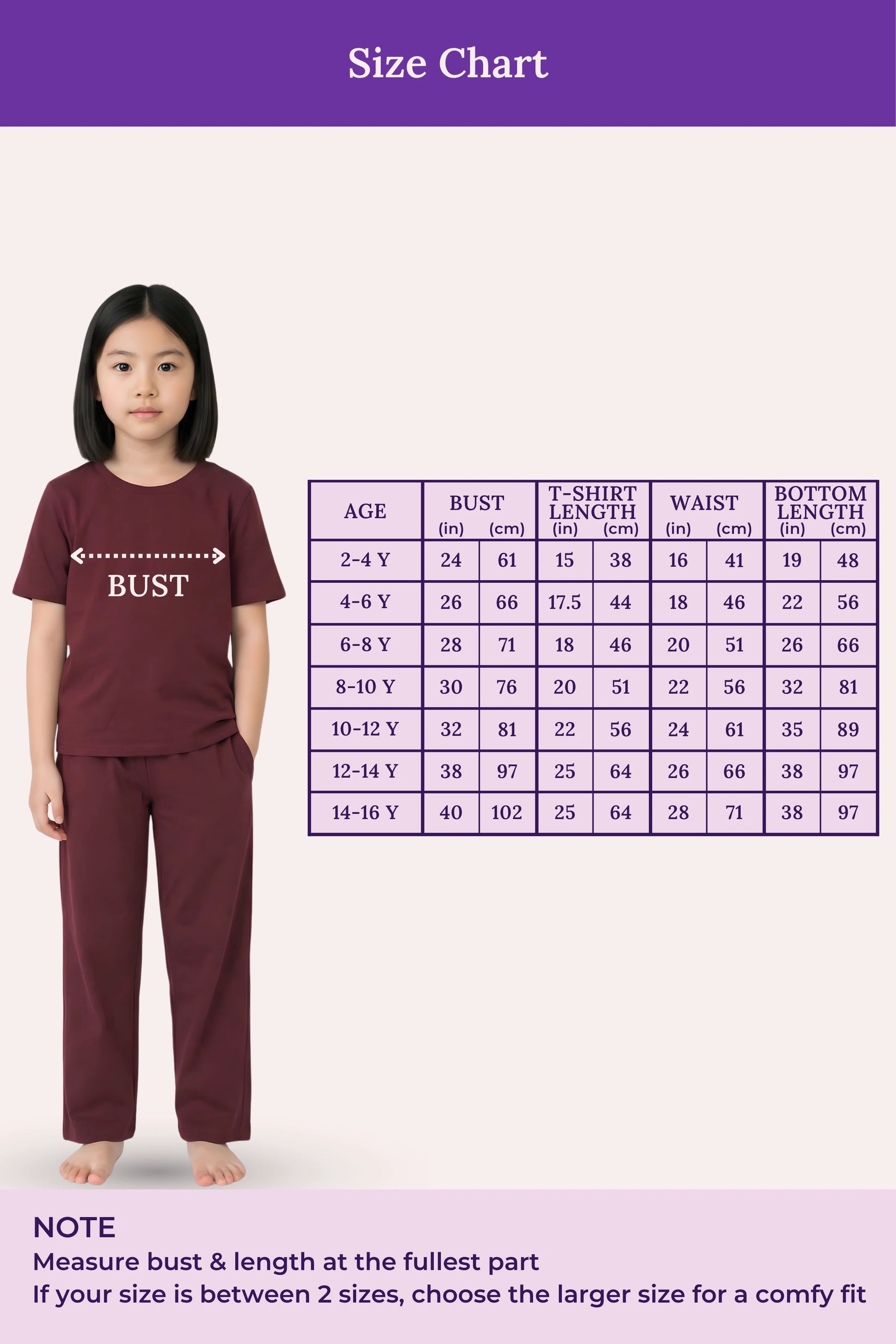 Size chart for girl clothing with a girl wearing a wine outfit