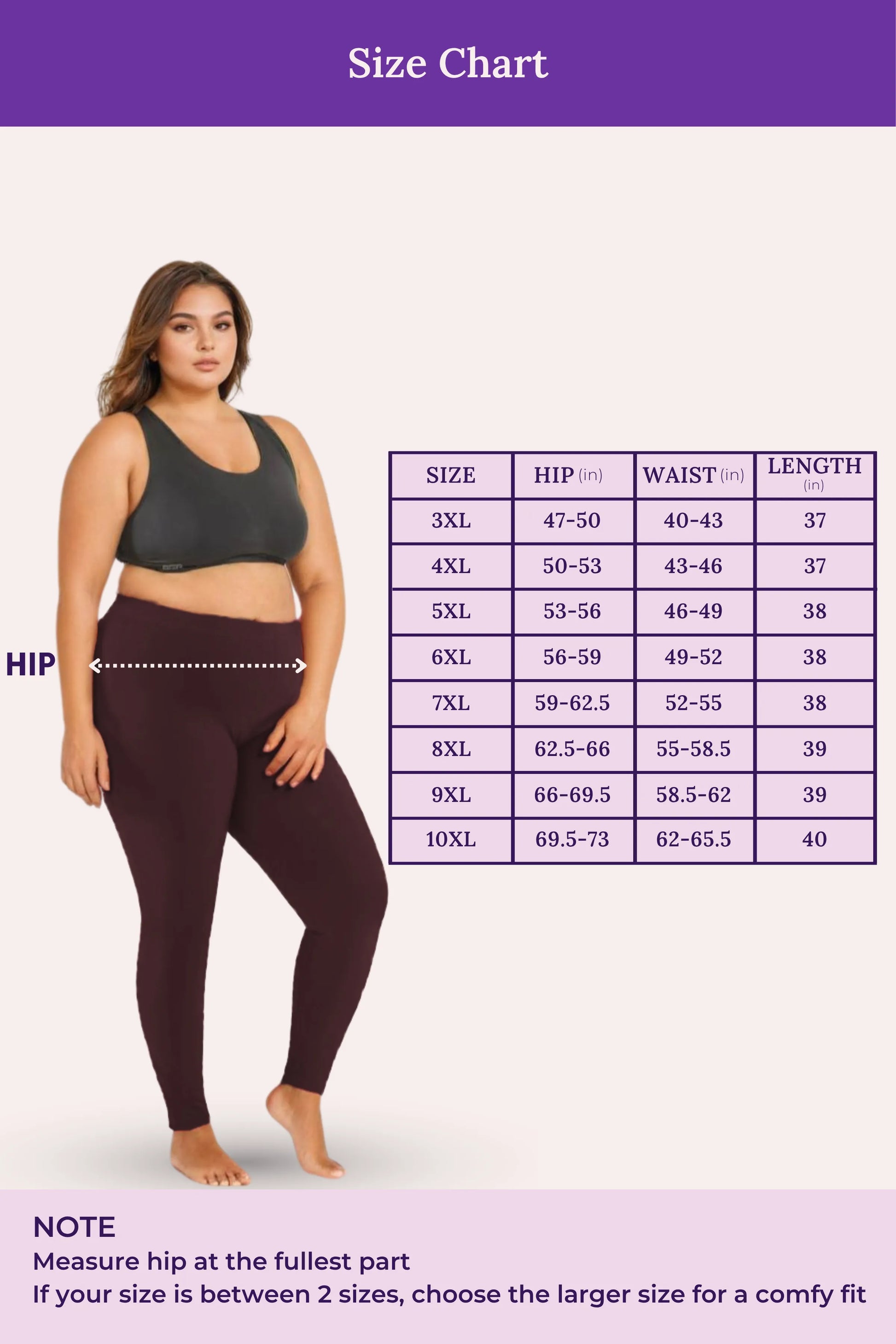 Size chart for brown leggings with a model wearing the product and measurement details.