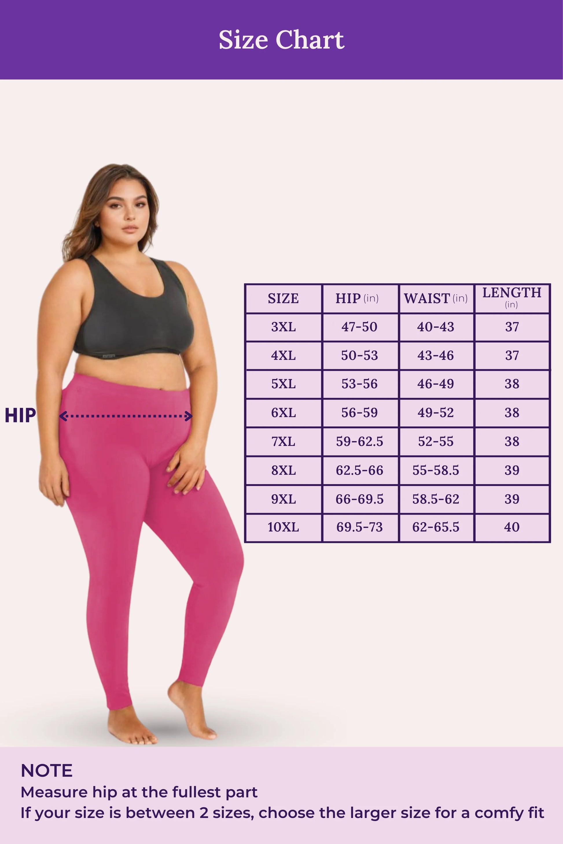 Size chart for leggings with a model wearing dark pink leggings and a purple background