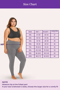 Size chart for leggings with a model wearing grey leggings and a purple background