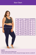 Size chart for leggings with a model wearing navy blue leggings and a purple background