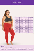 Size chart for leggings with a model wearing red leggings and a purple background