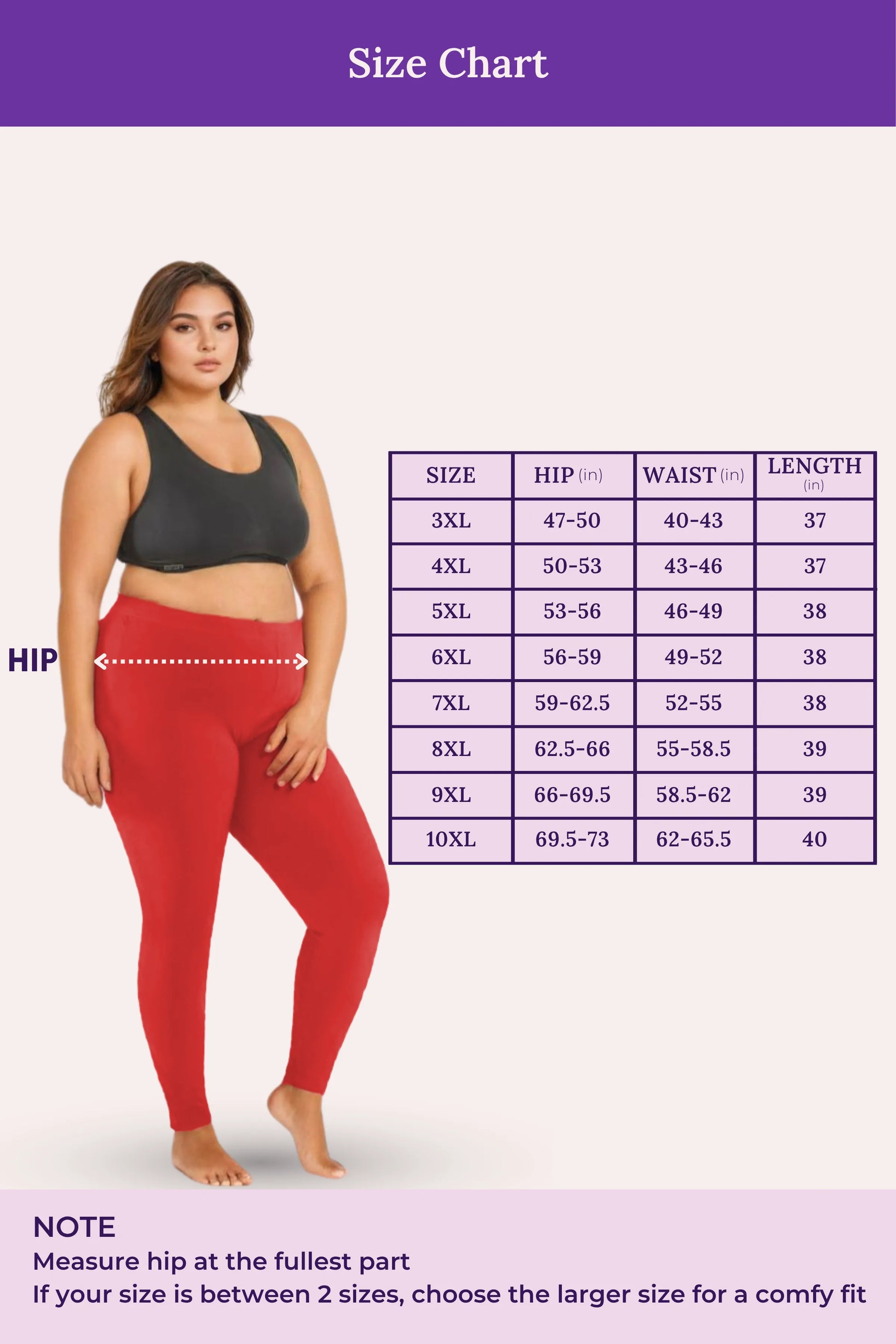 Size chart for leggings with a model wearing red leggings and a purple background