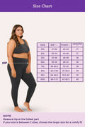 Size chart for leggings with a model wearing black leggings and a purple background