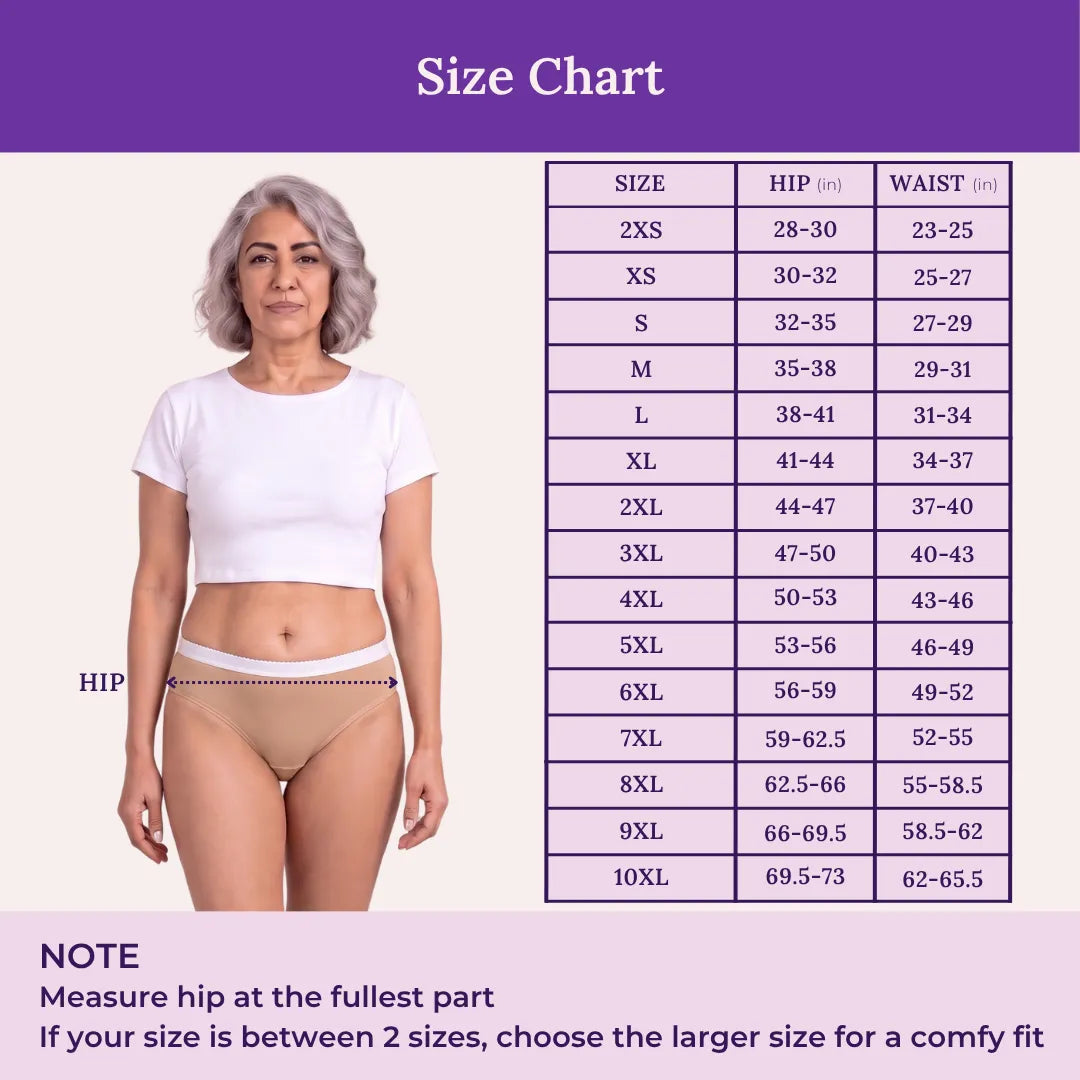 Size Chart For Lycra Incontinence Bikini-Senior Skin