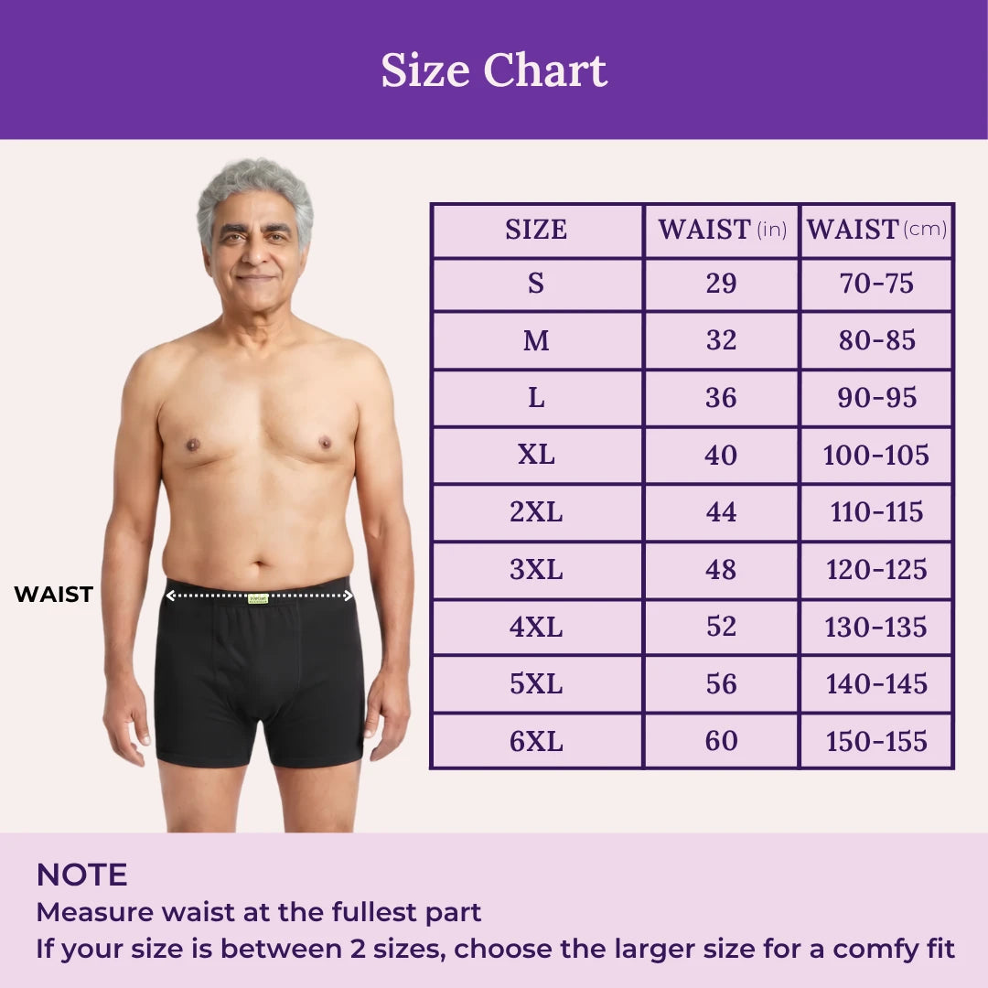 Size Chart For Men Incontinence Trunks Black
