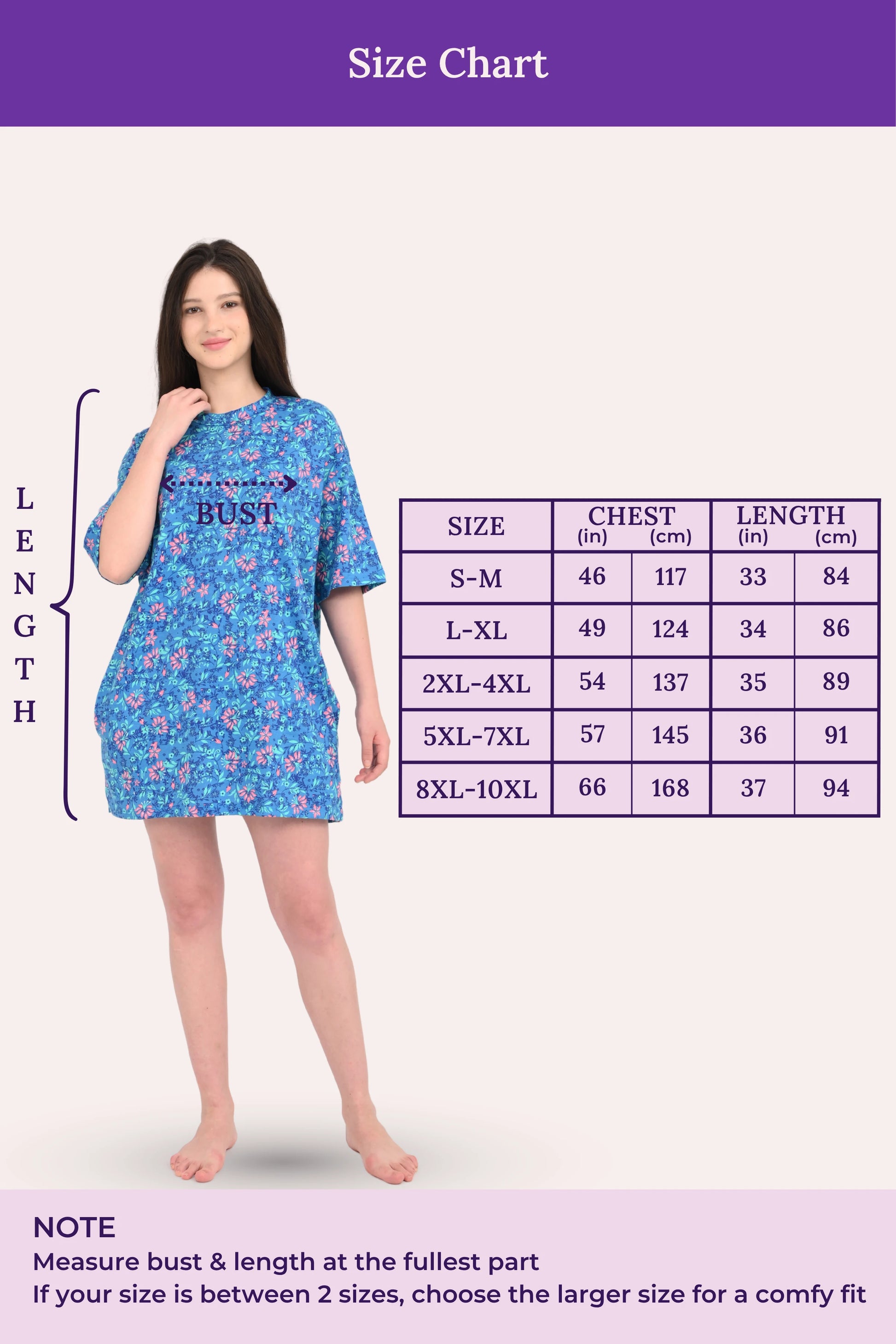 Woman wearing a blue floral dress with a size chart on a purple background