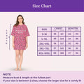 Size chart for a oversize t shirt with a model wearing the dress, showing measurements in chest and length